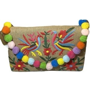 Hello 3AM Embroidered Clutch Burlap Birds Rainbow Pride PomPom Purse Gold, NWT